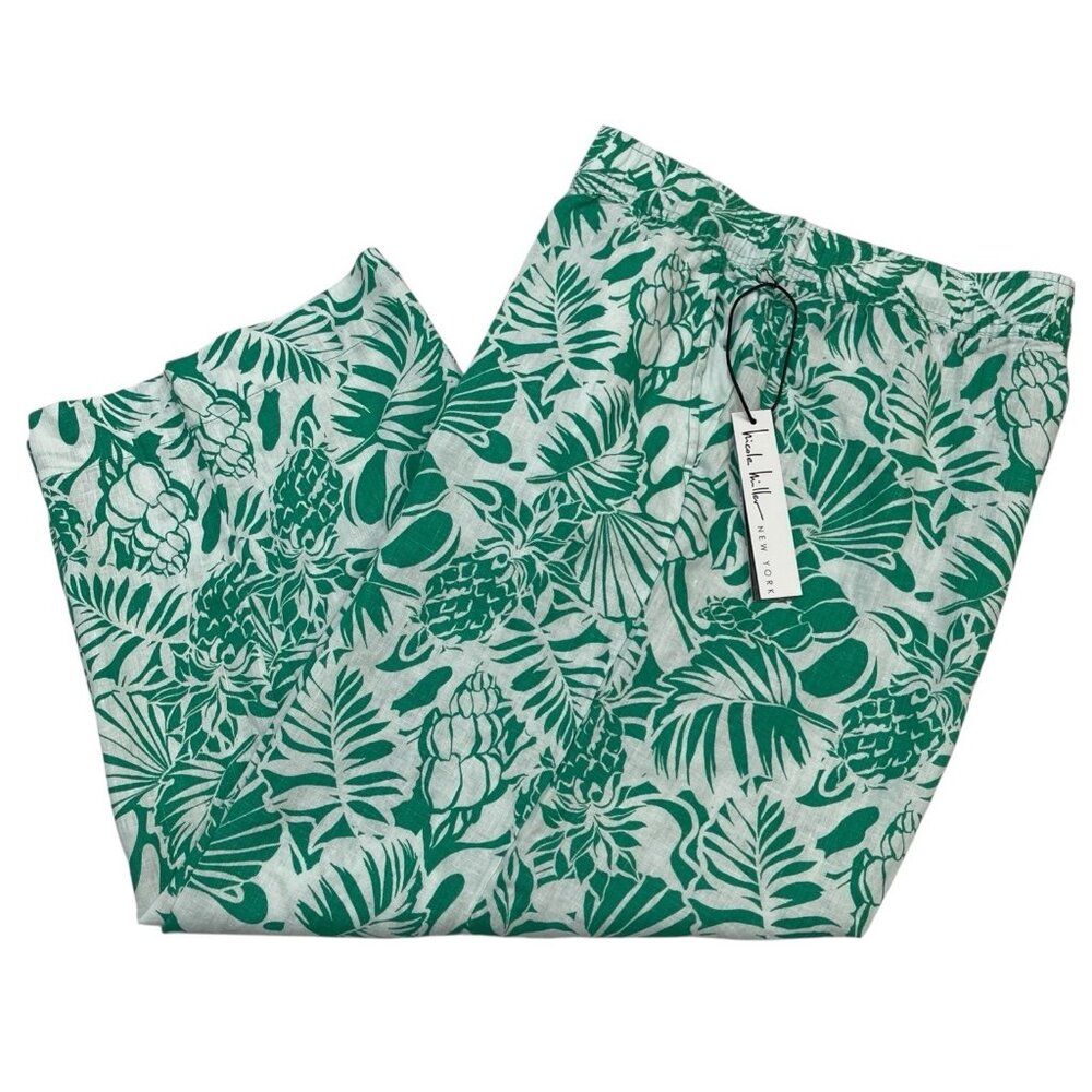 Nicole Miller Palazzo Pants Womens L Green Floral Linen Wide Leg Tropical Resort